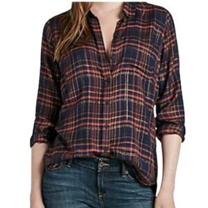 NWT Lucky Brand Navy, Rust & Gold Plaid Button Down Shirt Top